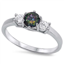 Load image into Gallery viewer, Sterling Silver Elegant 3 Stone Ring with Centered Rainbow Topaz Simulated Diamond On Prong SettingAnd Face Height 6MM