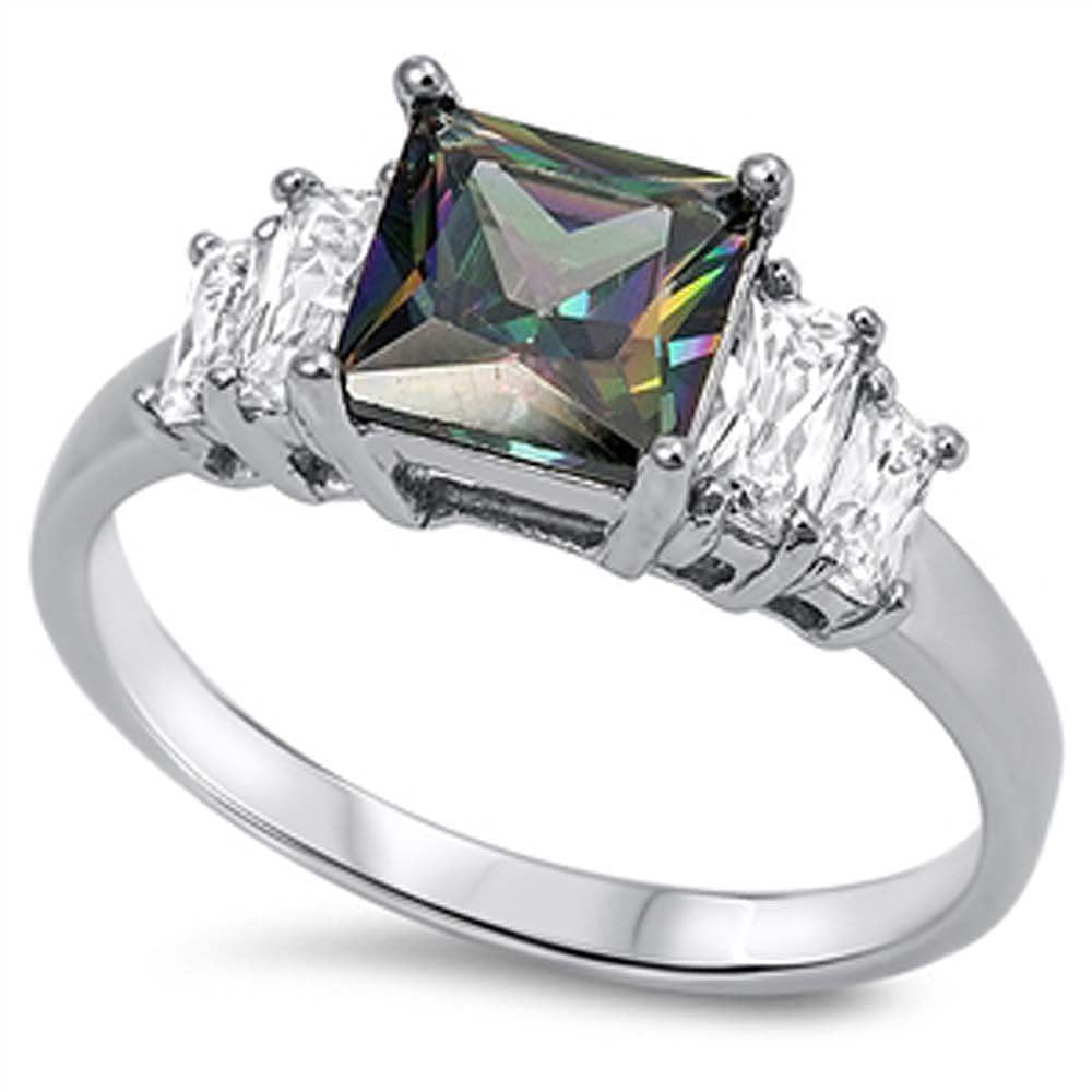 Sterling Silver Centered Princess Cut Rainbow Topaz CZ Ring with Baguette Cut Clear Side View CZ On Prong Setting, Face Height of 8MM