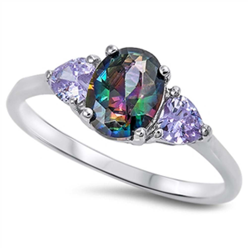 Sterling Silver Oval Rainbow Topaz And Heart Lavender Cubic Zirconia Ring