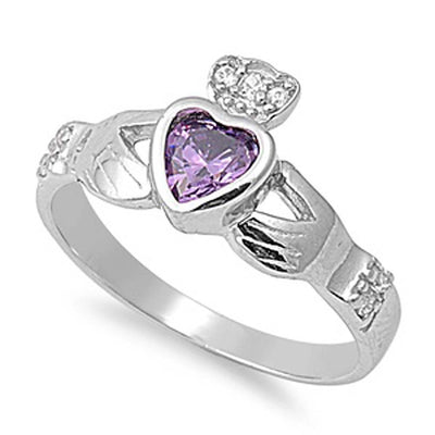 Sterling Silver Amethyst Claddagh With Clear CZ RingAnd Face Height 10mm