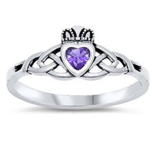 Load image into Gallery viewer, Sterling Silver Amethyst Claddagh Shaped CZ Ring And Face Height 8mm