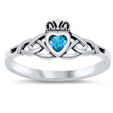 Sterling Silver Blue Topaz Claddagh Shaped CZ Ring And Face Height 8mm