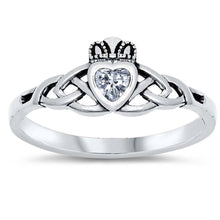 Load image into Gallery viewer, Sterling Silver Celtic Claddagh Shaped CZ RingAnd Face Height 8mm