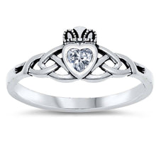 Load image into Gallery viewer, Sterling Silver Celtic Clear Stone Claddagh Shaped CZ Ring And Face Height 8mm