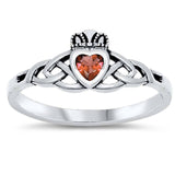 Sterling Silver Garnet Claddagh Shaped CZ Ring And Face Height 8mm