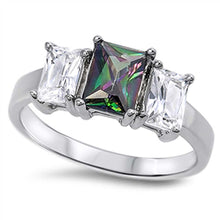 Load image into Gallery viewer, Sterling Silver Elegant 3 Stone Princess Cut Ring with Centered Rainbow Topaz Simulated Diamond On Prong SettingAnd With Face Height 8MM