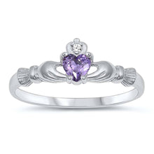 Load image into Gallery viewer, Sterling Silver Rhodium Plated Prong-Set Heart Amethyst Cz Claddagh Ring with Ring Face Height of 7MM