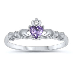 Sterling Silver Rhodium Plated Prong-Set Heart Amethyst Cz Claddagh Ring with Ring Face Height of 7MM