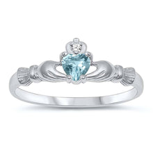 Load image into Gallery viewer, Sterling Silver Rhodium Plated Prong-Set Heart Aquamarine Cz Claddagh Ring with Ring Face Hright of 7MM