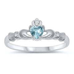 Sterling Silver Rhodium Plated Prong-Set Heart Aquamarine Cz Claddagh Ring with Ring Face Hright of 7MM