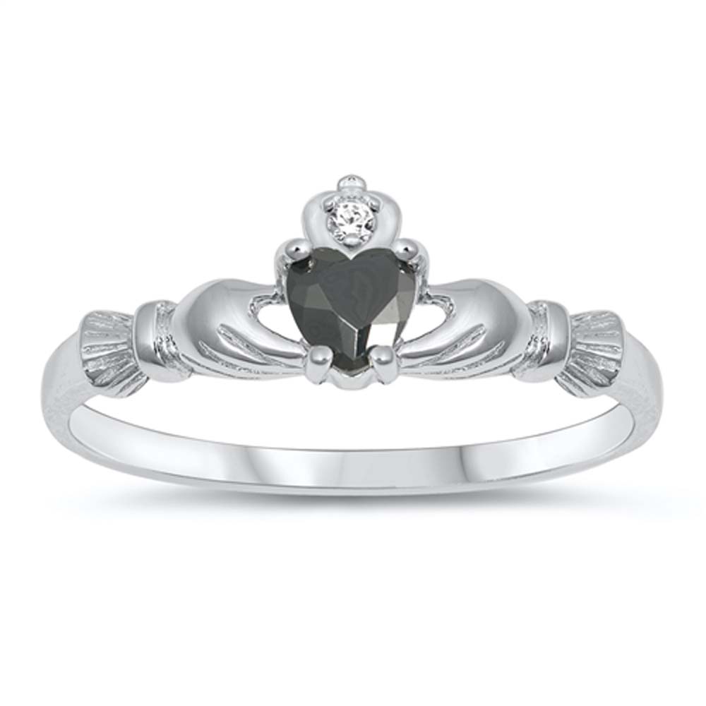 Sterling Silver Rhodium Plated Prong-Set Heart Black Cz Baby Ring with Ring Face Height of 7MM