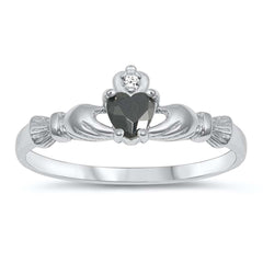 Sterling Silver Rhodium Plated Prong-Set Heart Black Cz Bqby Ring with Ring Face Height of 7MM