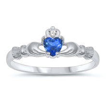 Load image into Gallery viewer, Sterling Silver Rhodium Plated Prong-Set Heart Blue Sapphire Cz Claddagh Ring with Ring Face Height of 7MM