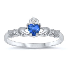 Sterling Silver Rhodium Plated Prong-Set Heart Blue Sapphire Cz Claddagh Ring with Ring Face Height of 7MM