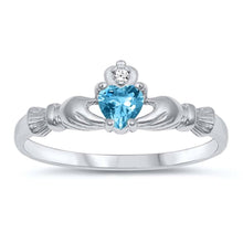 Load image into Gallery viewer, Sterling Silver Rhodium Plated Prong-Set Heart Blue Topaz Cz Claddagh Ring with Ring Face Height of 7MM
