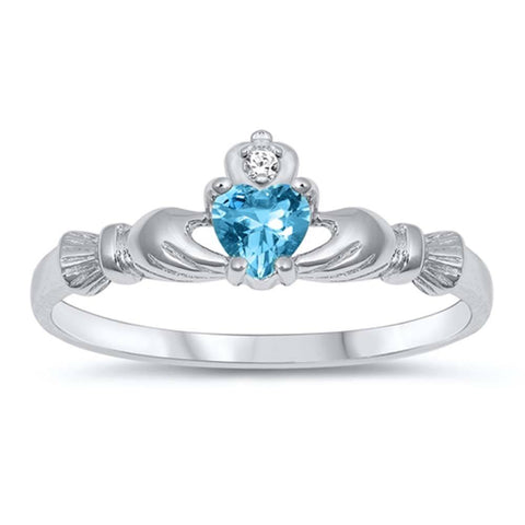 Sterling Silver Rhodium Plated Prong-Set Heart Blue Topaz Cz Claddagh Ring with Ring Face Height of 7MM