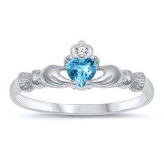 Sterling Silver Rhodium Plated Prong-Set Heart Blue Topaz Cz Claddagh Ring with Ring Face Height of 7MM