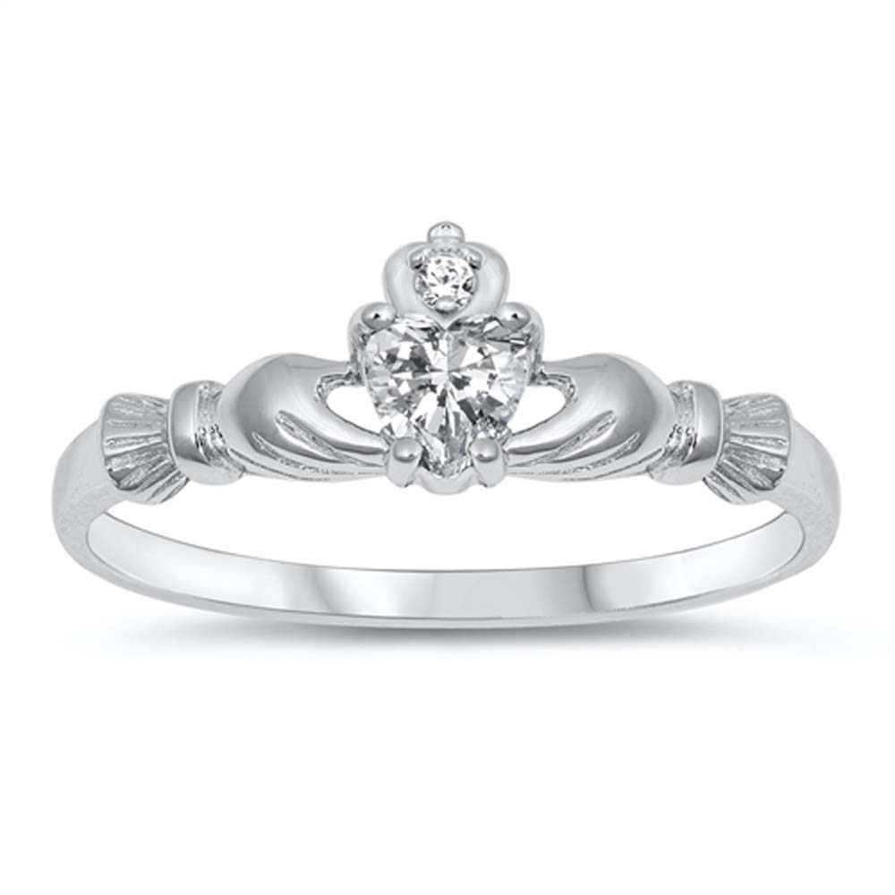 Sterling Silver Rhodium Plated Prong-Set Heart Clear Cz Claddagh Ring with Ring Face Height of 7MM