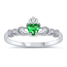 Load image into Gallery viewer, Sterling Silver Rhodium Plated Prong-Set Heart Emerald Cz Claddagh Ring with Ring Face Height of 7MM