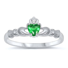 Sterling Silver Rhodium Plated Prong-Set Heart Emerald Cz Claddagh Ring with Ring Face Height of 7MM