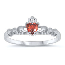 Load image into Gallery viewer, Sterling Silver Rhodium Plated Prong-Set Heart Garnet Cz Claddagh Ring with Ring Face Height of 7MM