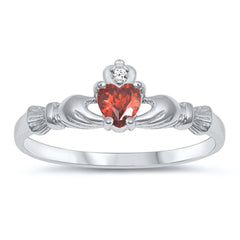 Sterling Silver Rhodium Plated Prong-Set Heart Garnet Cz Claddagh Ring with Ring Face Height of 7MM