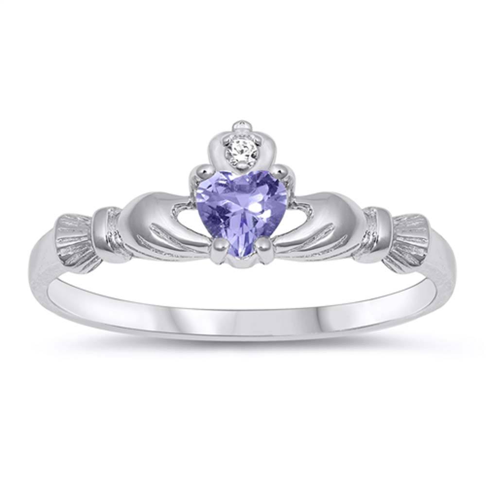 Sterling Silver Lavender Heart CZ Claddagh Ring, Face Height of 7 mm