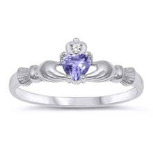 Load image into Gallery viewer, Sterling Silver Lavender  Heart CZ Claddagh RingAnd Face Height of 7 mm (0.27 inch