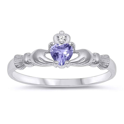 Sterling Silver Lavender  Heart CZ Claddagh RingAnd Face Height of 7 mm (0.27 inch