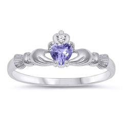 Sterling Silver Lavender  Heart CZ Claddagh RingAnd Face Height of 7 mm (0.27 inch