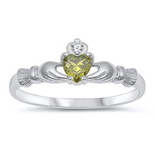 Load image into Gallery viewer, Sterling Silver Rhodium Plated Claddagh Peridot CZ Ring Face Height-6.8mm