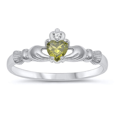 Sterling Silver Rhodium Plated Claddagh Peridot CZ Ring Face Height-6.8mm