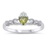 Sterling Silver Rhodium Plated Claddagh Peridot CZ Ring Face Height-6.8mm