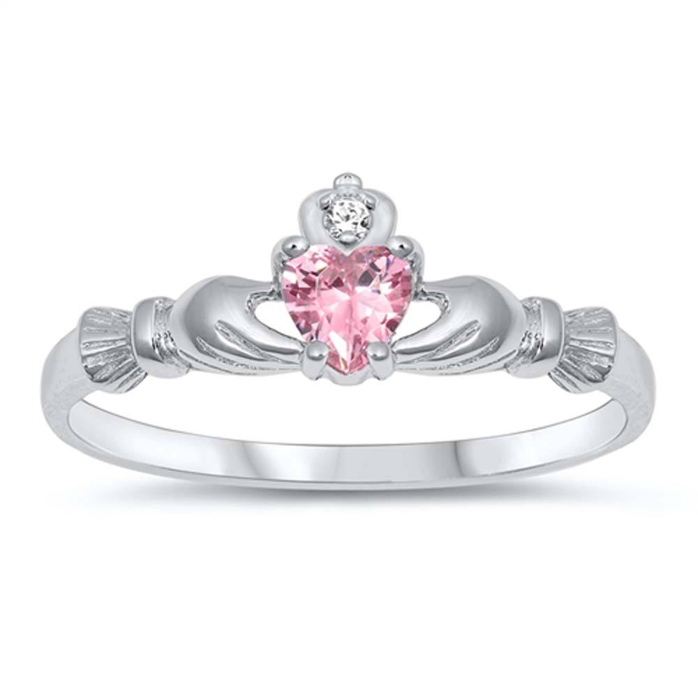 Sterling Silver Rhodium Plated Prong-Set Heart Pink Cz Claddagh Ring with Ring Face Height of 7MM