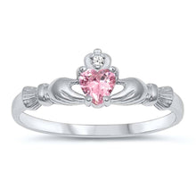 Load image into Gallery viewer, Sterling Silver Rhodium Plated Prong-Set Heart Pink Cz Claddagh Ring with Ring Face Height of 7MM