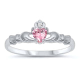 Sterling Silver Rhodium Plated Prong-Set Heart Pink Cz Claddagh Ring with Ring Face Height of 7MM