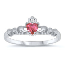 Load image into Gallery viewer, Sterling Silver Rhodium Plated Prong-Set Heart Ruby Cz Claddagh Ring with Ring Face Height of 7MM