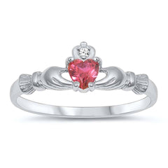 Sterling Silver Rhodium Plated Prong-Set Heart Ruby Cz Claddagh Ring with Ring Face Height of 7MM