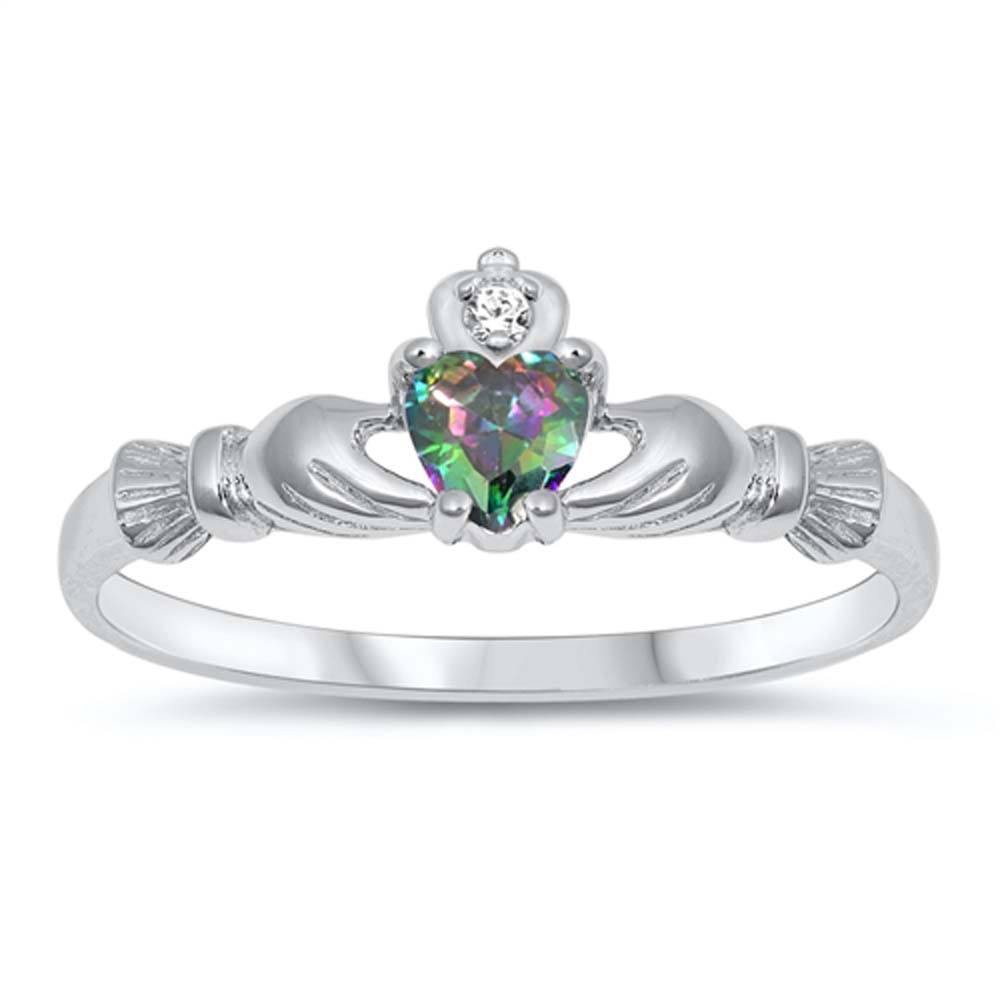Sterling Silver Claddagh Crown Heart Ring with Centered Rainbow Heart CZ & Small Clear CZ on Crown, Face Height of 7mm