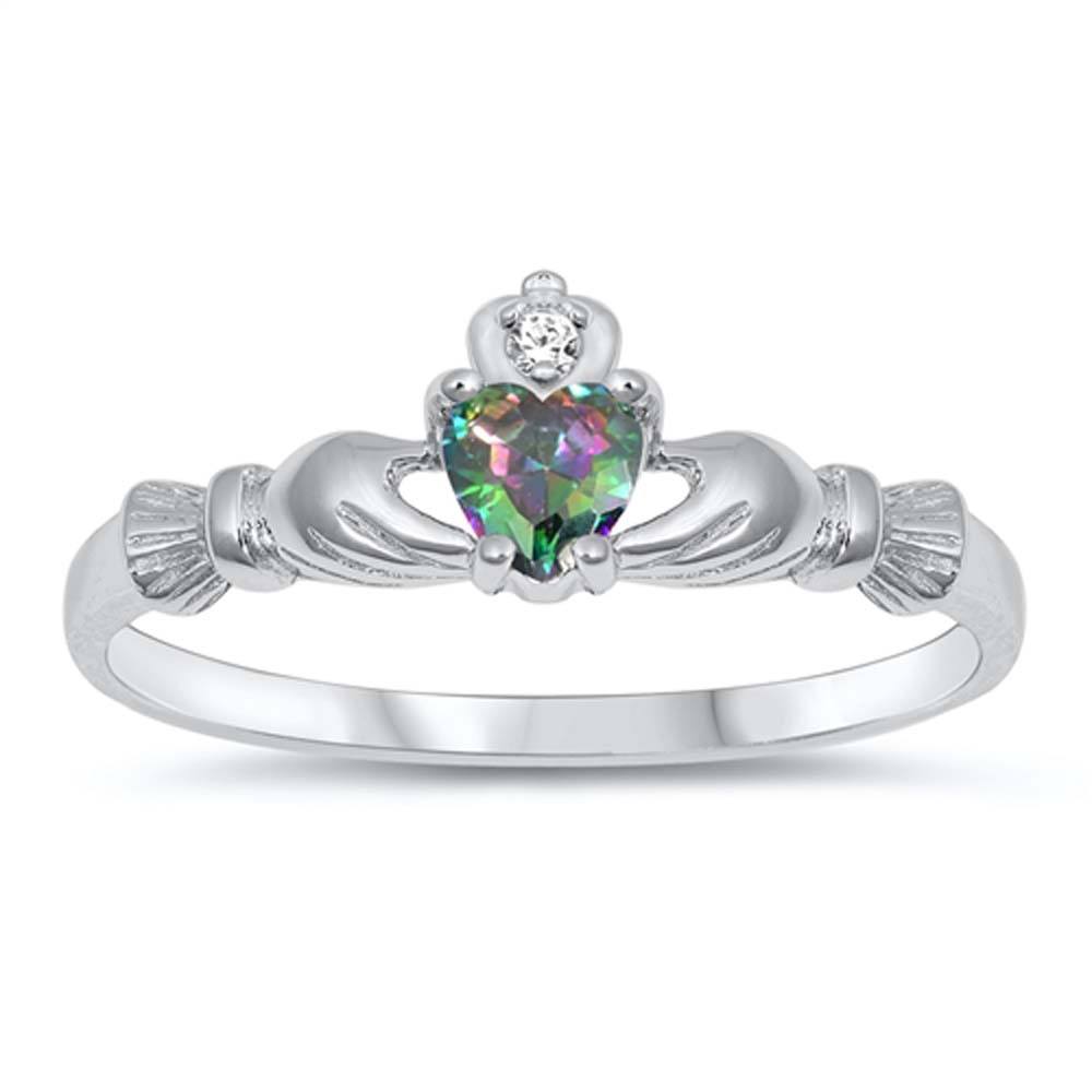 Sterling Silver Claddagh Crown Heart Ring with Centered Rainbow Heart Simulated Diamond & Small Clear Simulated Diamond on CrownAnd Face Height of 7mm