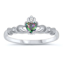 Load image into Gallery viewer, Sterling Silver Claddagh Crown Heart Ring with Centered Rainbow Heart Simulated Diamond &amp; Small Clear Simulated Diamond on CrownAnd Face Height of 7mm