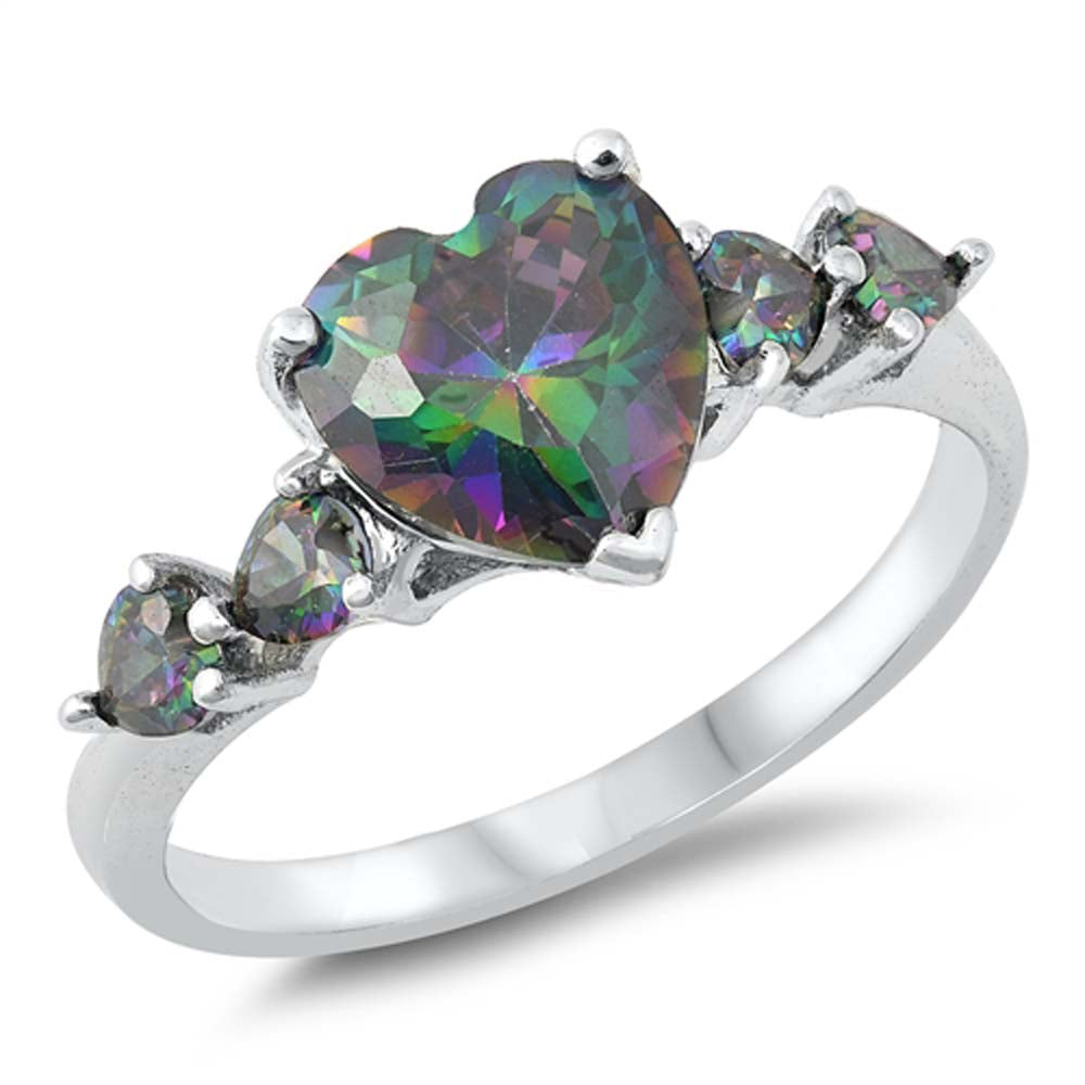 Sterling Silver Heart With Rainbow Topaz Cubic Zirconia Ring