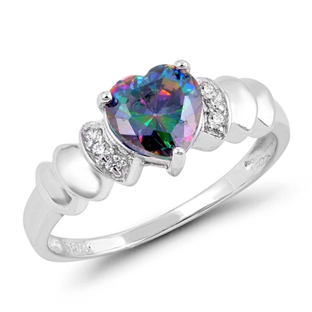 Sterling Silve Solitaire Rainbow Topaz Heart Cut Simulated Diamond with Fancy Side Views DesignAnd Face Height of 7MM