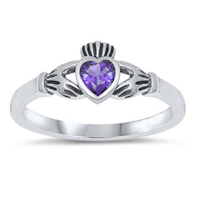 Load image into Gallery viewer, Sterling Silver Rhodium Plated Heart Amethyst Cz Claddagh Ring with Ring Face Height of 7MM