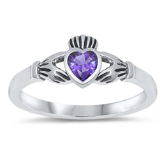 Sterling Silver Rhodium Plated Heart Amethyst Cz Claddagh Ring with Ring Face Height of 7MM