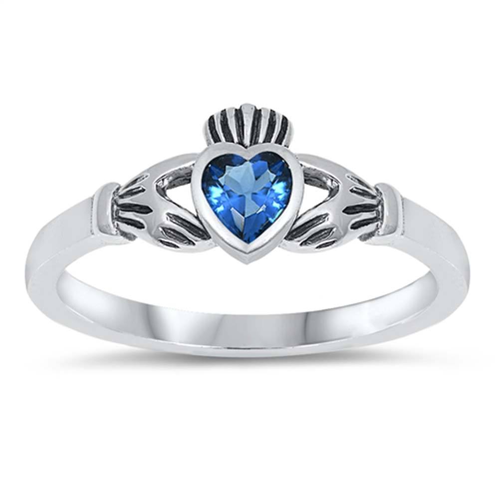 Sterling Silver Rhodium Plated Heart Blue Sapphire Cz Claddagh Ring with Ring Face Height of 7MM