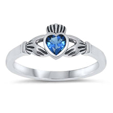 Load image into Gallery viewer, Sterling Silver Rhodium Plated Heart Blue Sapphire Cz Claddagh Ring with Ring Face Height of 7MM