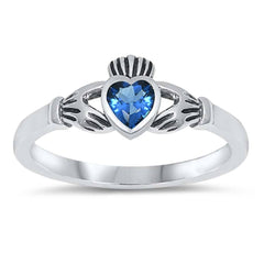 Sterling Silver Rhodium Plated Heart Blue Sapphire Cz Claddagh Ring with Ring Face Height of 7MM