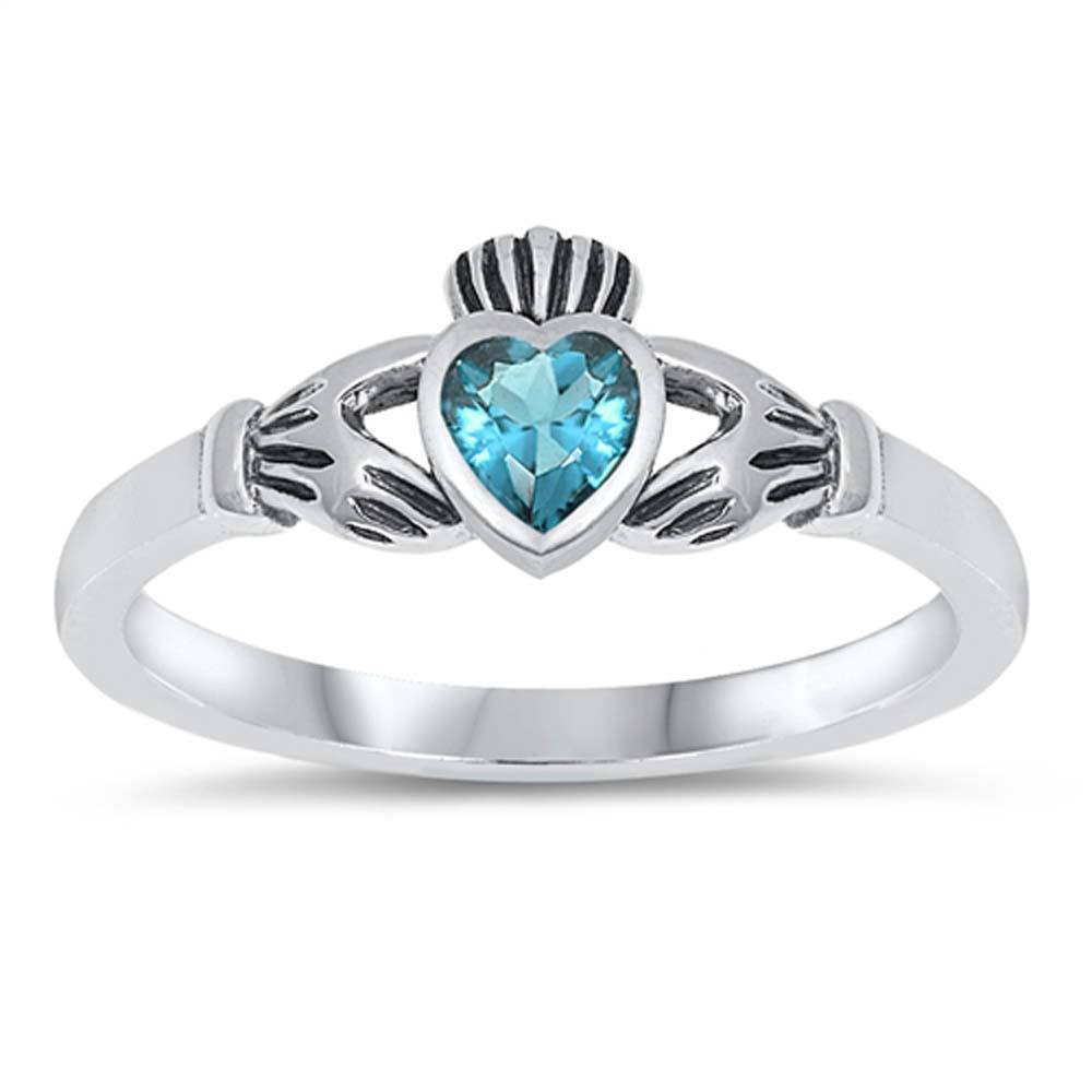 Sterling Silver Rhodium Plated Heart Blue Topaz Cz Claddagh Ring with Ring Face Height of 7MM