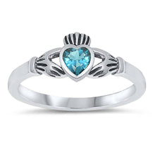 Load image into Gallery viewer, Sterling Silver Rhodium Plated Heart Blue Topaz Cz Claddagh Ring with Ring Face Height of 7MM